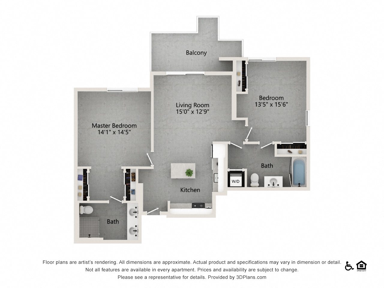 2 bedroom 2 bath 1288 SF